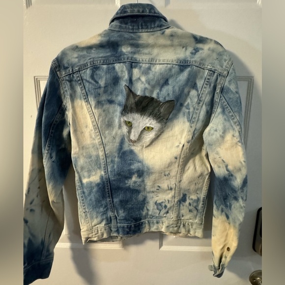 VTG 50s WRANGLER BLUE BELL DENIM SANFORIZED JACKET 34 Tie Dyed Hand Painted Cat - Picture 11 of 15